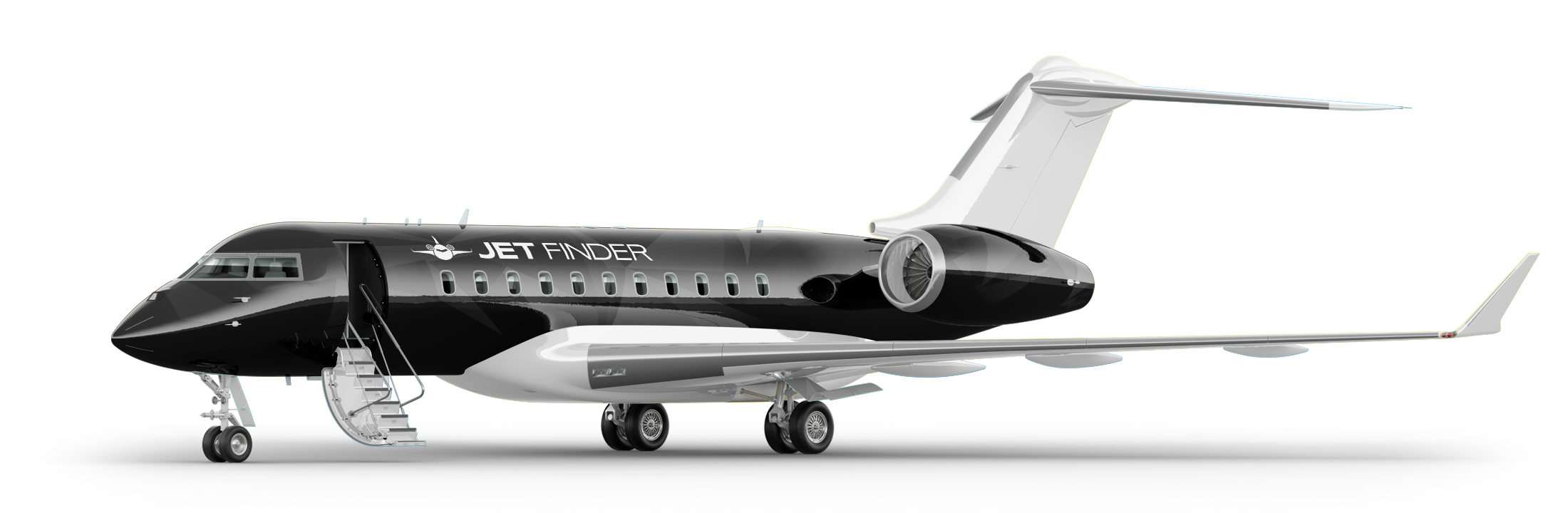 Stylized black private jet featuring the JETFINDER logo