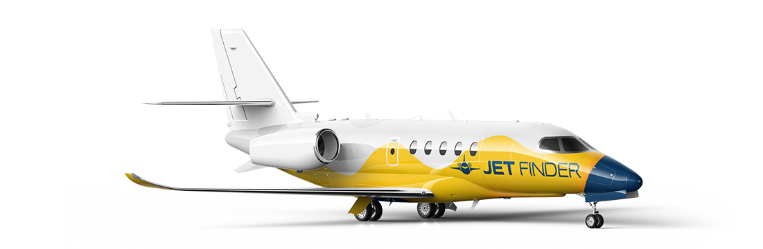 Stylized yellow private jet featuring the JETFINDER logo