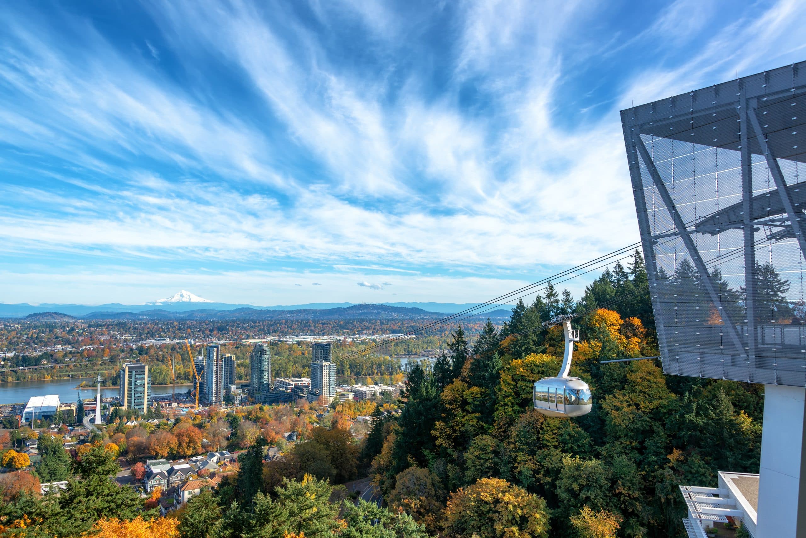 Aerial Tram with a view of Portland, Oregon.