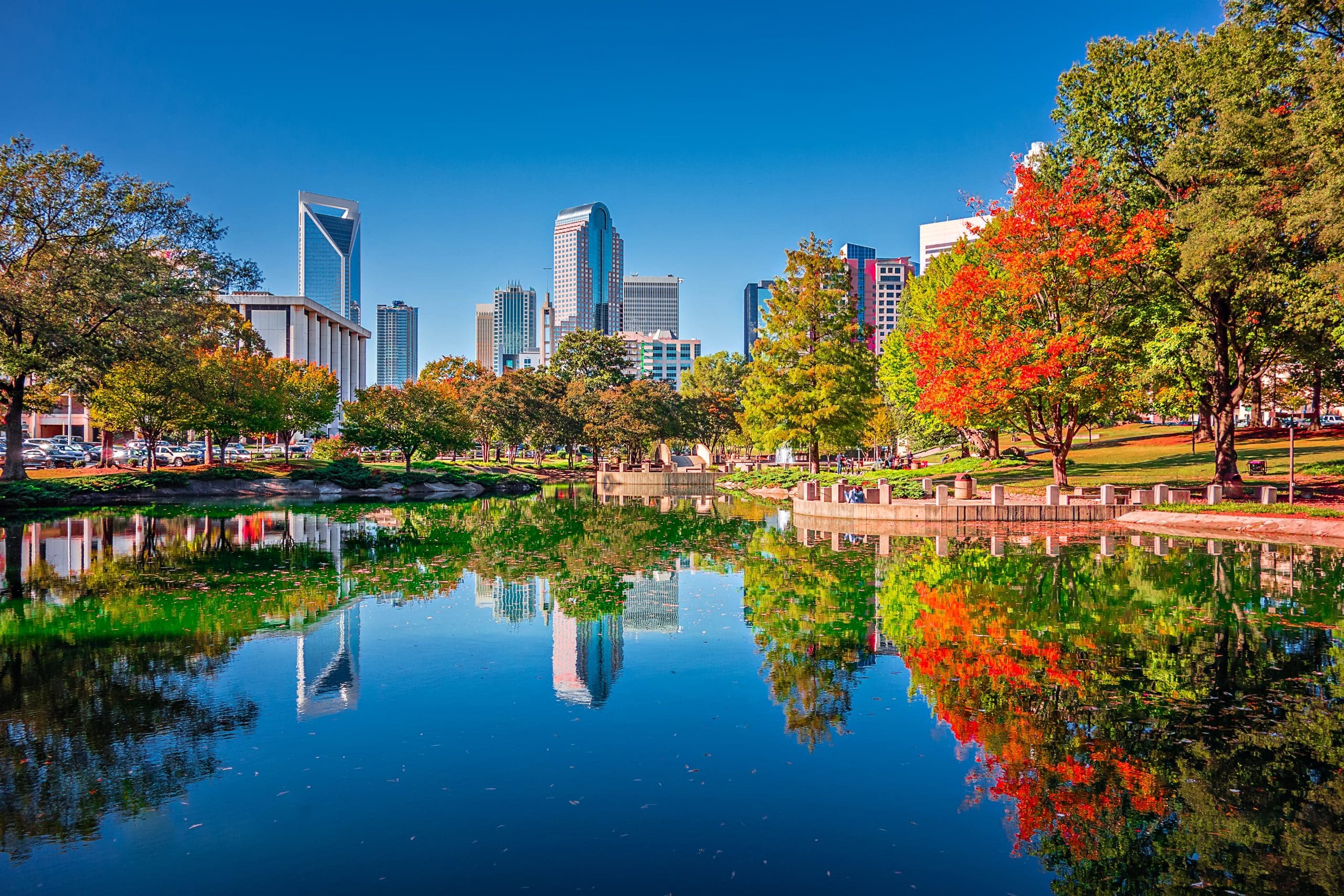 Charlotte city - Skyline from Marshall park, autumn season.