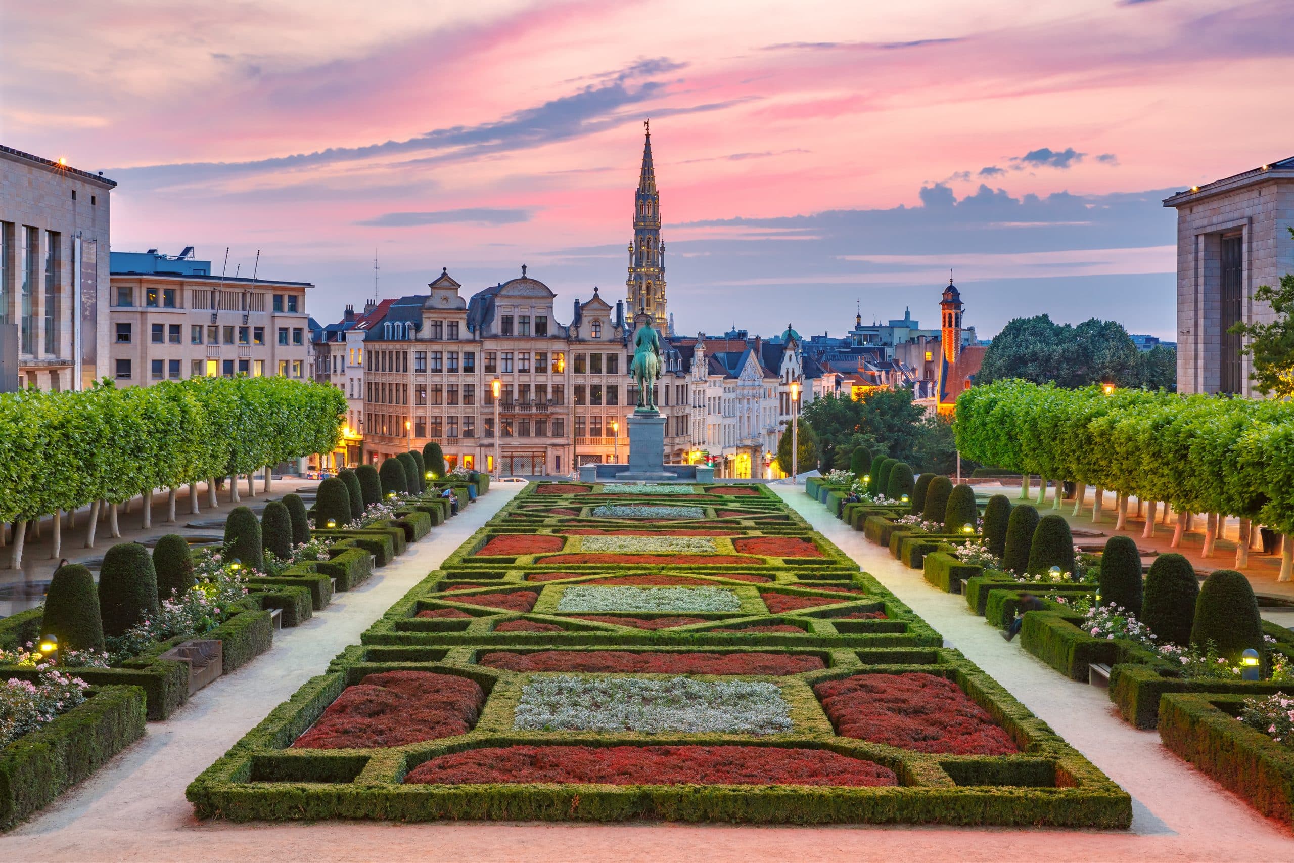 Brussels City Hall and Mont des Arts area at sunset in Brussels, Belgium