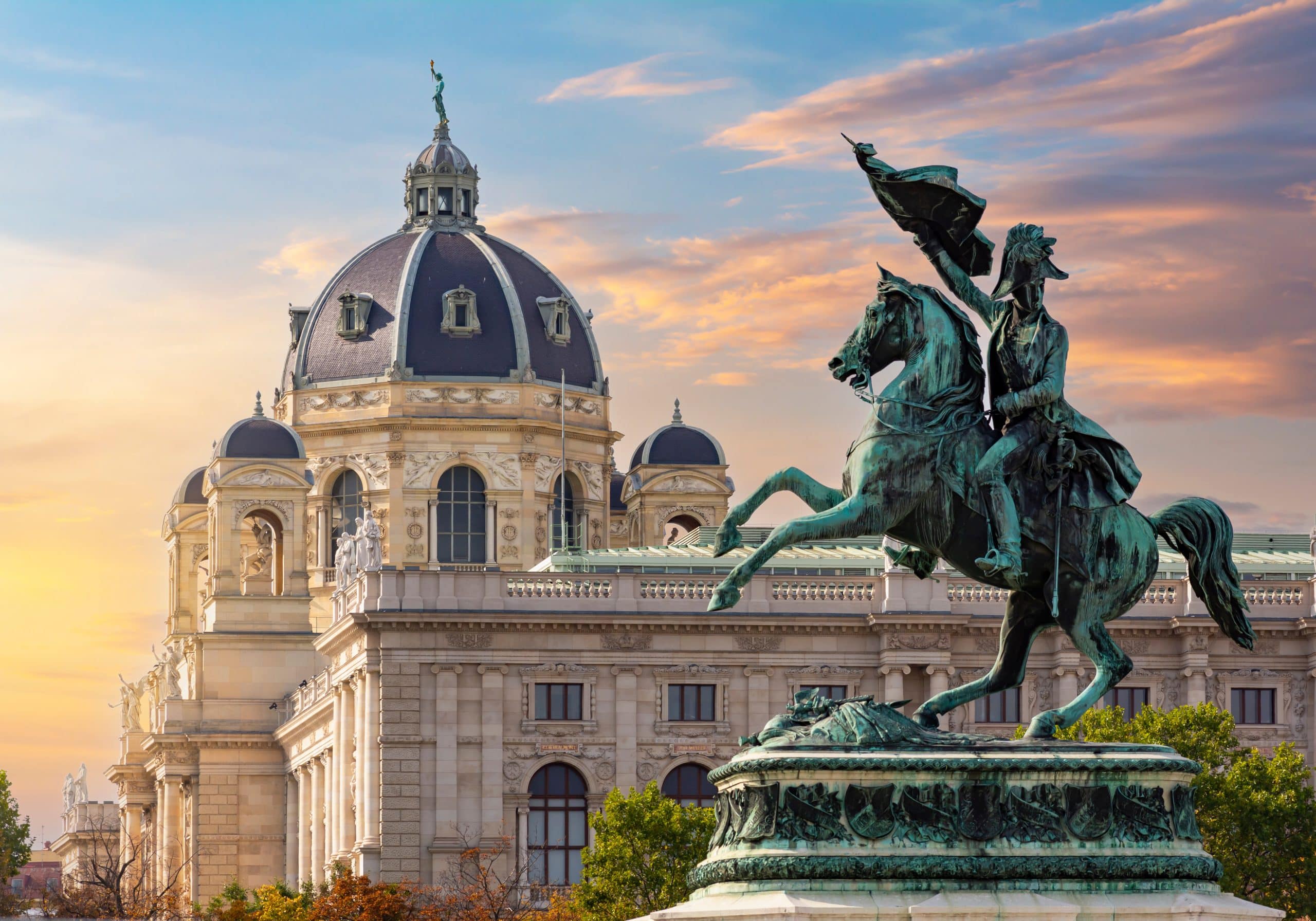 Statue of Archduke Charles on Heldenplatz square and Museum of Natural History dome, Vienna, Austria